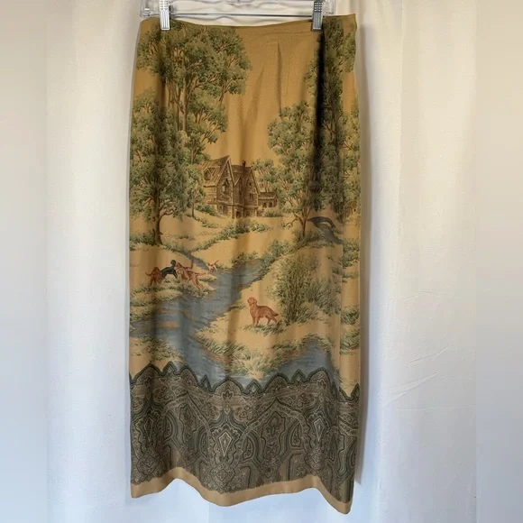 Lauren Ralph Lauren Vintage Tan Scenic Print Wrap Maxi Skirt 12 - Picture 2 of 11